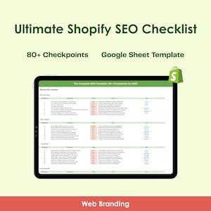 Könnte beinhalten: Ein digitales Tablet zeigt eine Shopify SEO-Checkliste mit über 80 Checkpunkten und einer Google Sheet-Vorlage. Der Titel lautet "Ultimate Shopify SEO Checklist" in grüner Schrift. Ein grünes Einkaufstaschen-Symbol befindet sich oben rechts. Das untere Banner lautet "Web Branding."