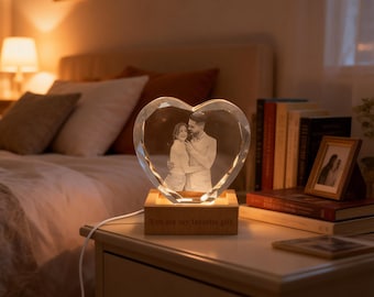 Personalized 3D Crystal Photo Portrait with LED Light, Engraved Anniversary Gift