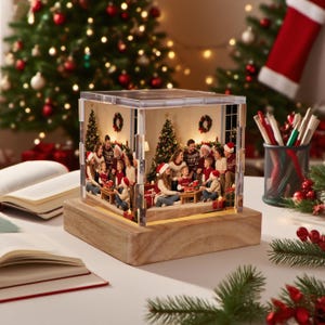 Op de afbeelding: Een kerst-thema fotocube met een familiebijeenkomst, van binnenuit verlicht. De kubus staat op een houten voet, met een transparante acryl bovenkant. Kerstbomen en feestelijke decoraties zijn zichtbaar op de achtergrond.