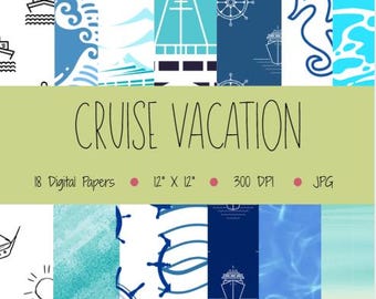 Puede incluir: Una colección de 18 papeles digitales con temática de vacaciones en crucero. Los diseños presentan elementos náuticos como barcos, olas e hipocampos en tonos azules y blancos. Cada papel mide 30,48 cm x 30,48 cm y tiene una resolución de 300 DPI. También incluye el texto "CRUISE VACATION".