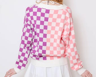 Buy Super Cute Pink Purple Checkered Cardigan Sweater Vtuber
