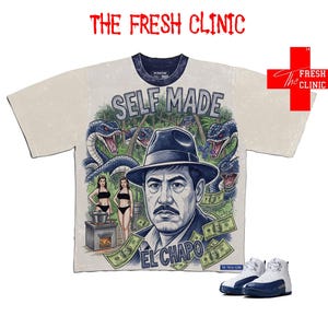 May include: Cream-colored graphic t-shirt with a detailed illustration featuring a man in a fedora, snakes, and the text "SELF MADE" and "EL CHAPO." Includes a pair of white and blue sneakers. The Fresh Clinic logo is visible.