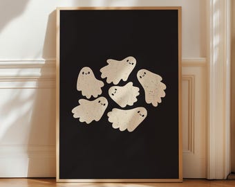 Impresión de fantasmas lindos, arte de pared imprimible con ilustración kawaii acogedora de otoño para sala de estar de niños y Halloween espeluznante