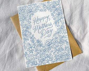 Floral Mother's Day Card: Hand-Drawn Blue Flowers (Digital Download)
