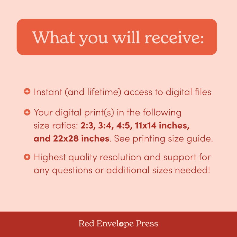 Puede incluir: Texto rojo sobre fondo rosa que dice "Lo que recibir&aacute;s:" seguido de tres vi&ntilde;etas. Las vi&ntilde;etas describen el acceso instant&aacute;neo a los archivos digitales, los diferentes tama&ntilde;os de impresi&oacute;n disponibles y la alta resoluci&oacute;n de los archivos. El texto en la parte inferior dice "Red Envelope Press".