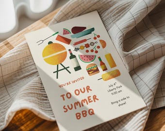 Inbjudan till sommargrillfest: Grillfest för den 4 juli (Canva-mall - digital nedladdning)
