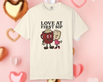 Hot Cocoa Mug Shirt - Retro Love at First Sip Valentines Day Couples Tee, Matching Anniversary & Birthday Present, Vintage Cartoon Shirt