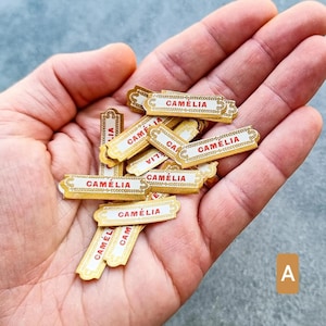Può includere: Una collezione di piccole etichette rettangolari con un centro bianco e bordi color oro caratterizzati da motivi decorativi in filigrana. Ogni etichetta riporta la parola CAMÉLIA stampata in lettere maiuscole rosse. Le etichette sono impilate.