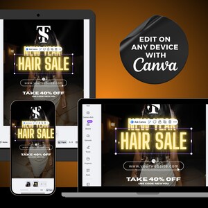 Może przedstawiać: Cyfrowa reklama wyprzedaży włos&oacute;w, wyświetlana na tablecie, telefonie i laptopie. Reklama zawiera tekst "NEW YEAR HAIR SALE" w świecącej czcionce, z adresem strony internetowej i ofertą rabatową. Czarna naklejka.