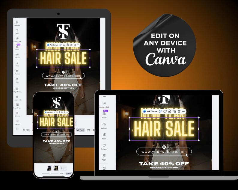 Może przedstawiać: Cyfrowa reklama wyprzedaży włos&oacute;w, wyświetlana na tablecie, telefonie i laptopie. Reklama zawiera tekst "NEW YEAR HAIR SALE" w świecącej czcionce, z adresem strony internetowej i ofertą rabatową. Czarna naklejka.