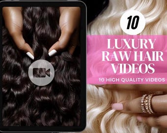 May include: A digital tablet displaying a video of a person holding a bundle of dark brown human hair extensions. The tablet is on a table next to a hand holding a bundle of blonde human hair extensions. The text on the screen reads "10 LUXURY RAW HAIR VIDEOS 10 HIGH QUALITY VIDEOS".