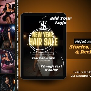 Może przedstawiać: Cyfrowa reklama wyprzedaży włos&oacute;w na Nowy Rok, z tabletem z napisem "New Year Hair Sale" i "Take 40% Off". Reklama zawiera zdjęcia kobiet z długimi włosami i tekst.