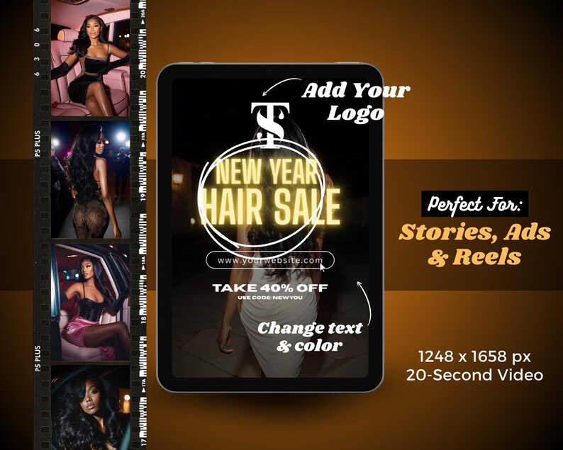 Może przedstawiać: Cyfrowa reklama wyprzedaży włos&oacute;w na Nowy Rok, z tabletem z napisem "New Year Hair Sale" i "Take 40% Off". Reklama zawiera zdjęcia kobiet z długimi włosami i tekst.