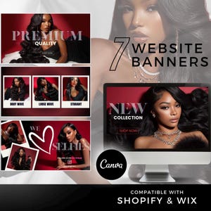 May include: A promotional image for website banners, featuring a computer monitor displaying a "New Collection" banner. Additional banners showcase hair styles: Body Wave, Loose Wave, and Straight. The image includes the text "Premium Quality" and "Compatible with Shopify & Wix."