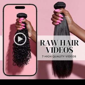 May include: Two bundles of black hair are held up against a pink backdrop. The text reads "RAW HAIR VIDEOS" and "7 HIGH QUALITY VIDEOS". The hands holding the hair have pink nail polish.