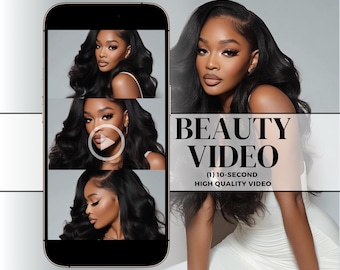 Puede incluir: Una pantalla de teléfono inteligente muestra un vídeo de belleza con una mujer con largo cabello negro ondulado y maquillaje completo. El vídeo está etiquetado como "BEAUTY VIDEO" y se describe como un vídeo de alta calidad de 10 segundos.