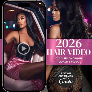 Może przedstawiać: Ekran smartfona wyświetla zdjęcie promocyjne wideo o włosach. Obraz przedstawia kobietę w czarnym gorsecie i r&oacute;żowej sp&oacute;dnicy, z tekstem "2026 HAIR VIDEO". Wideo opisane jest jako 20-sekundowe wideo wysokiej jakości, z możliwością edycji na dowolnym urządzeniu za pomocą Canva.