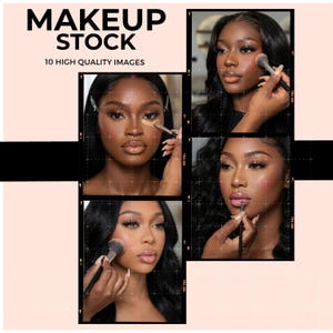 May include: A collage featuring four images of a person applying makeup. The images show the person applying foundation, blush, and lipstick. The text "MAKEUP STOCK" and "10 HIGH QUALITY IMAGES" is at the top.