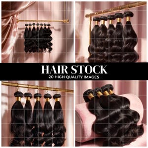 Puede incluir: Varios paquetes de extensiones de cabello humano negro se muestran en bastidores dorados. El cabello es ondulado y parece ser de alta calidad. La imagen incluye el texto "HAIR STOCK" y "20 HIGH QUALITY IMAGES".