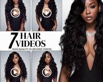 May include: A composite image featuring a woman with long, wavy black hair. The image includes multiple smaller photos with play buttons, and the text "7 HAIR VIDEOS" and "HIGH QUALITY 10-SECOND VIDEOS". The woman is wearing a black dress and a diamond necklace.