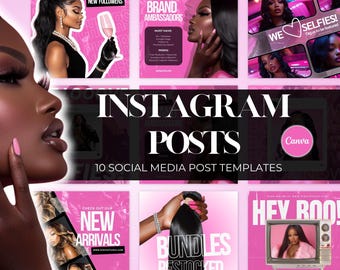 May include: A collage of 10 Instagram post templates for a hair extension business. The templates feature pink backgrounds with images of women wearing hair extensions and text such as "New Arrivals", "Bundles Restocked", and "Hey Roo!"