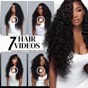 May include: Image featuring multiple women with long, curly black hair, wearing white tops. The text "7 HAIR VIDEOS" is displayed, along with "HIGH QUALITY 10-SECOND VIDEOS". Each video has a play button overlay.