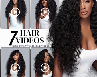 May include: Image featuring multiple women with long, curly black hair, wearing white tops. The text "7 HAIR VIDEOS" is displayed, along with "HIGH QUALITY 10-SECOND VIDEOS". Each video has a play button overlay.