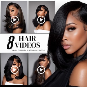 Può includere: Immagine promozionale con quattro donne con diverse acconciature. L'immagine include il testo "8 HAIR VIDEOS" e "HIGH QUALITY 5-SECOND VIDEOS". Ogni immagine ha una sovrapposizione del pulsante di riproduzione.