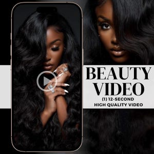 以下が含まれることがあります： スマートフォン画面に美容動画広告が表示されています。動画には、長い黒髪のウェーブヘアで指輪をつけた女性が登場します。「BEAUTY VIDEO」の文字と「(1) 12-SECOND HIGH QUALITY VIDEO」が表示されています。