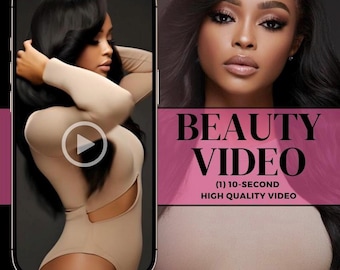 Könnte beinhalten: Digitale Anzeige für ein Beauty-Video. Das Bild zeigt eine Frau mit dunklem Haar und einem beigefarbenen Body. Der Text "BEAUTY VIDEO" ist prominent dargestellt, mit zusätzlichem Text darunter, der auf ein kurzes, hochwertiges Video hindeutet.