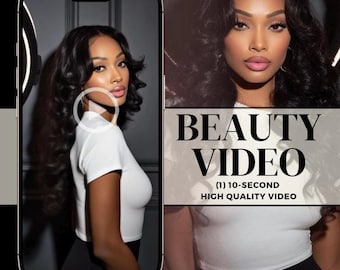 Puede incluir: Imagen promocional para un vídeo de belleza. La imagen presenta a una mujer con cabello negro largo y ondulado y una parte superior blanca. Se muestra el texto "BEAUTY VIDEO", junto con "(1) 10-SECOND HIGH QUALITY VIDEO". La imagen está enmarcada en un teléfono inteligente.