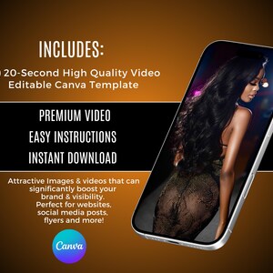 Może przedstawiać: Smartfon wyświetla szablon wideo z kobietą w złotej sukience. Tekst zawiera "Premium Video", "Łatwe instrukcje" i "Natychmiastowe pobieranie". Szablon jest przeznaczony na strony internetowe, media społecznościowe i ulotki.