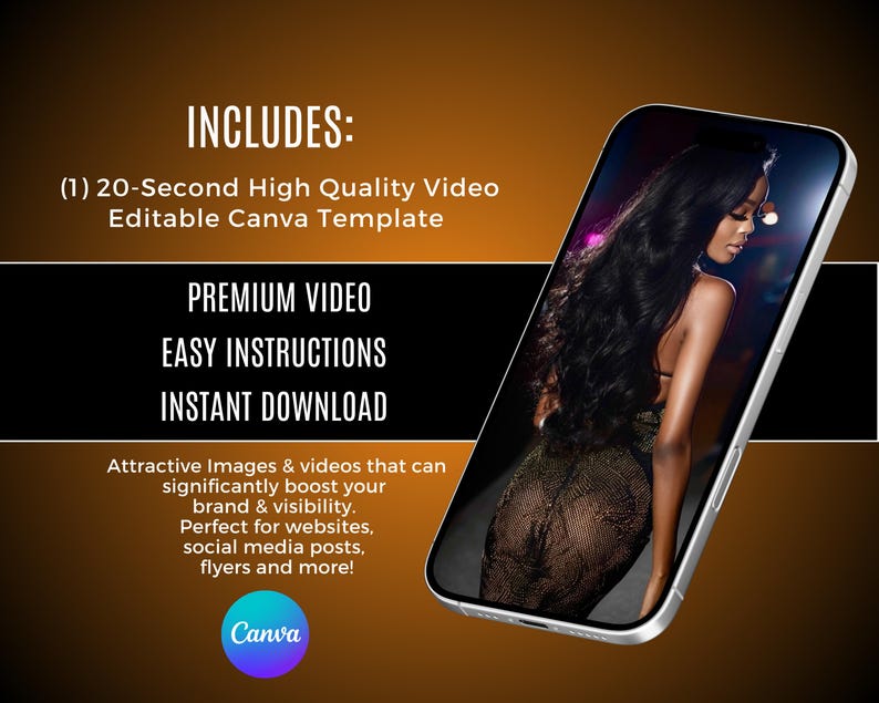 Może przedstawiać: Smartfon wyświetla szablon wideo z kobietą w złotej sukience. Tekst zawiera "Premium Video", "Łatwe instrukcje" i "Natychmiastowe pobieranie". Szablon jest przeznaczony na strony internetowe, media społecznościowe i ulotki.