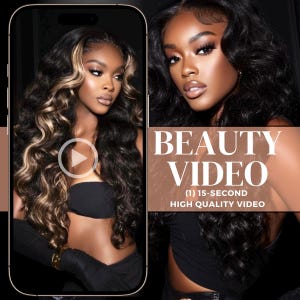 Könnte beinhalten: Werbung für ein Beauty-Video auf einem Smartphone-Bildschirm. Das Bild zeigt zwei Frauen mit langen, welligen Haaren, eine mit blonden Strähnchen. Der Text "BEAUTY VIDEO" und "(1) 15-SECOND HIGH QUALITY VIDEO" sind zu sehen.