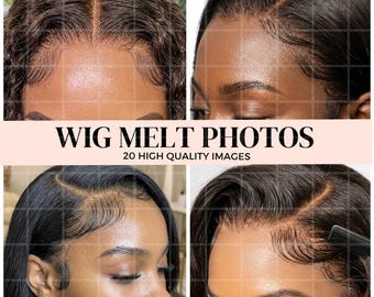 May include: A collage of four images showcasing close-up views of different wig styles. The images highlight the hairline and the natural appearance of the wig. The text "WIG MELT PHOTOS" and "20 HIGH QUALITY IMAGES" is displayed in the center.