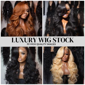 May include: A selection of four wigs in different styles and colours. The wigs feature shades of auburn, black, and blonde, with long, wavy, and curly textures. The text "LUXURY WIG STOCK" and "30 HIGH QUALITY IMAGES" is displayed.