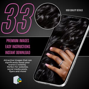 K&ouml;nnte beinhalten: Nahaufnahme einer Hand, die ein Smartphone h&auml;lt, auf dem ein Foto von langen, schwarzen, welligen Haaren zu sehen ist. Das Telefon ist wei&szlig; mit einem silbernen Rahmen. Der Text "HIGH QUALITY DETAILS" ist in der oberen rechten Ecke des Bildes sichtbar.