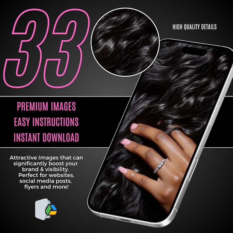 K&ouml;nnte beinhalten: Nahaufnahme einer Hand, die ein Smartphone h&auml;lt, auf dem ein Foto von langen, schwarzen, welligen Haaren zu sehen ist. Das Telefon ist wei&szlig; mit einem silbernen Rahmen. Der Text "HIGH QUALITY DETAILS" ist in der oberen rechten Ecke des Bildes sichtbar.