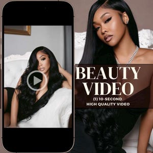 May include: A smartphone screen displays a beauty video with a woman with long, dark hair. The video features the text "BEAUTY VIDEO" and "(1) 10-SECOND HIGH QUALITY VIDEO". The woman is wearing a black top and a diamond necklace.