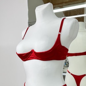 Satin red cupless bra extreme with support, Quarter cup bra average size, Open crotched lingerie uncencered, Bra open large breast