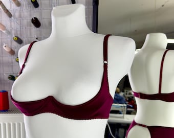 Burgundy Satin Cupless Bra, Open Shelf Boudoir Lingerie
