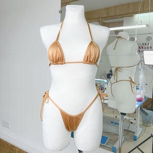 Micro extreme string bikini swimwear GOLD, Exotic dancewear set, Beach wear extreme Bikini top exotic dancer Stripper outfits bling bikini