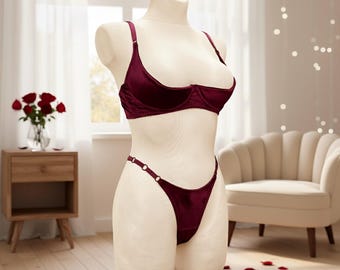 Burgundy Velvet Lingerie Set | Half Cup Bra, Strappy Thong