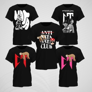 May include: Five black t-shirts with different designs. One shirt features a white graphic of a person wearing a hat and the word "NATAS" in a stylized font. Another shirt features a white graphic of two people and the text "NATANAEL CANO" in black. A third shirt features a white graphic of a sloth and the text "ANTI NATAS NATAS CLUB" in black. The remaining two shirts feature a pink and red graphic of a sloth and the letter "CT" in a stylized font.