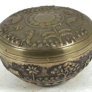 Decorative Indian brass box with tropical scene engraved jewellery box or trinket box