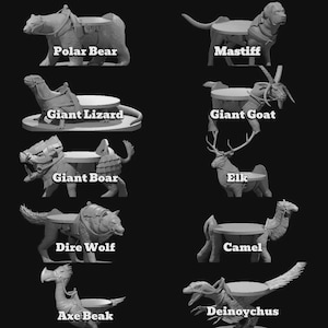 May include: A grayscale image showcasing a collection of animal-shaped furniture pieces. The designs include a polar bear, mastiff, giant lizard, giant goat, giant boar, elk, dire wolf, camel, axe beak, and deinoychus, each with a flat surface.