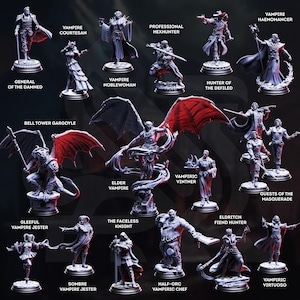 May include: A collection of detailed miniature figurines depicting various vampire characters. The figurines include a vampire courtesan, a hexhunter, a gargoyle, and a jester. Each figure is on a round base and has intricate details.