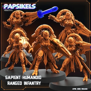 Puede incluir: Se muestran varias figuras de infantería a distancia humanoide sapiente de color bronce. Cada figura está posada sobre una base negra, con armadura y armamento detallados. La imagen incluye el texto "Papsikels" y "April 2026 Release".