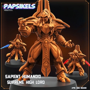 May include: A tan-colored humanoid figurine with an ornate helmet, shoulder armor, and a central loincloth. The figure stands on a circular base. Text on the image reads PAPSIKELS, SAPIENT HUMANOID SUPREME HIGH LORD, and APRIL 2026 RELEASE.
