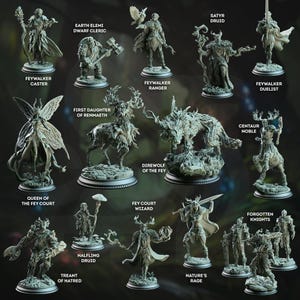 May include: A collection of detailed miniature figurines, including a dwarf cleric, a ranger with a bird, and a centaur. The figurines are labeled with names like "Direwolf of the Fey" and "Queen of the Fey Court".
